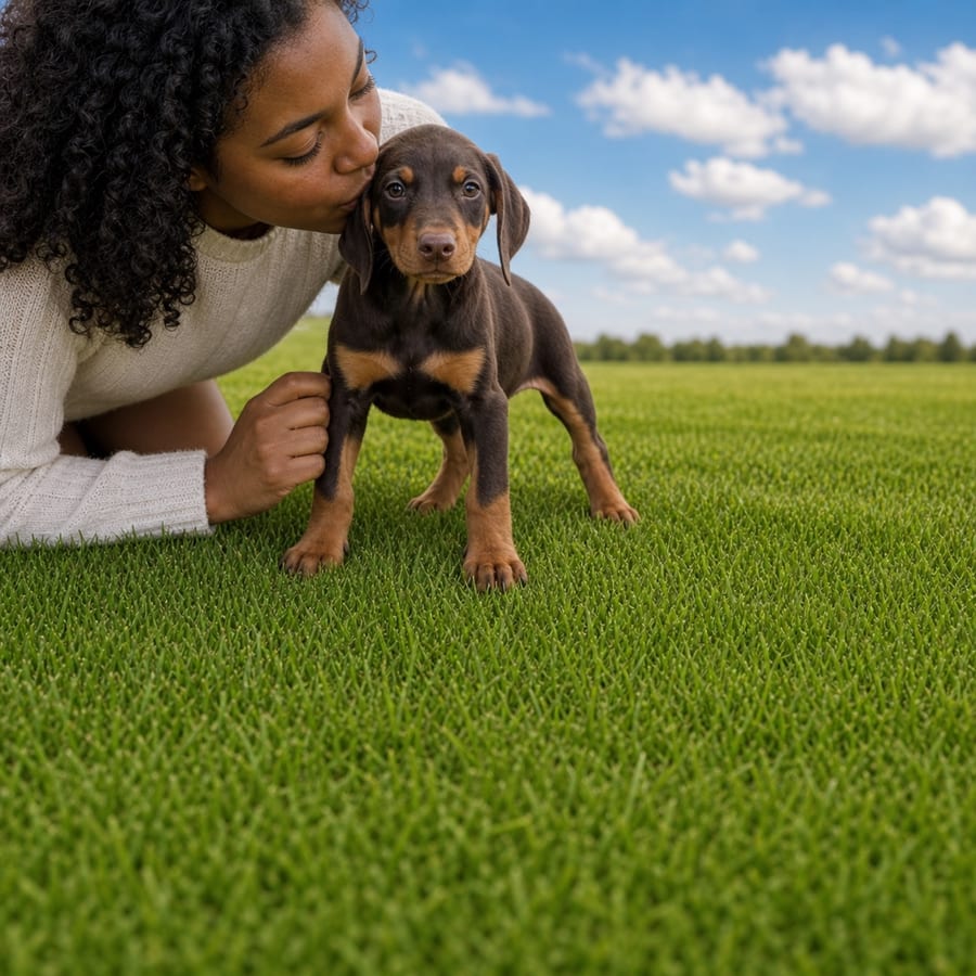 Sleek chocolate and tan Doberman Pinscher puppy standing on green grass beside a person kissing its head, at Blue Sky Puppies