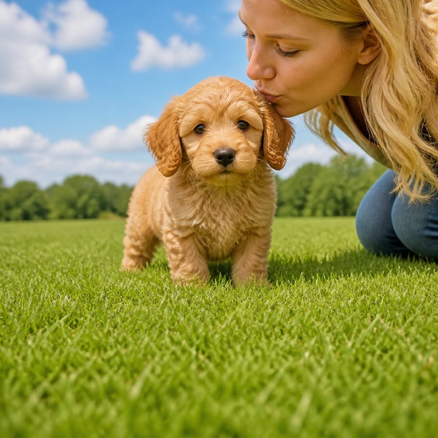 Doxiepoo puppy standing on grass, a person kissing the top of its head, at Blue Sky Puppies