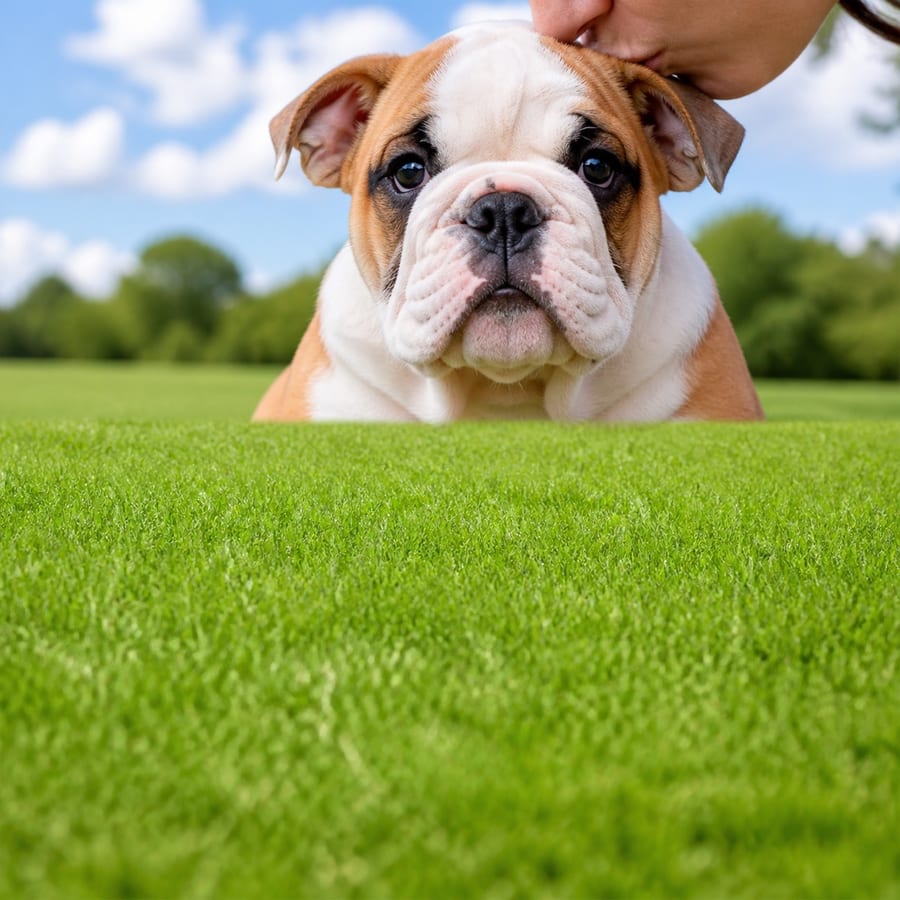 English Bulldog puppy standing on grass, a person kissing the top of its head, at Blue Sky Puppies