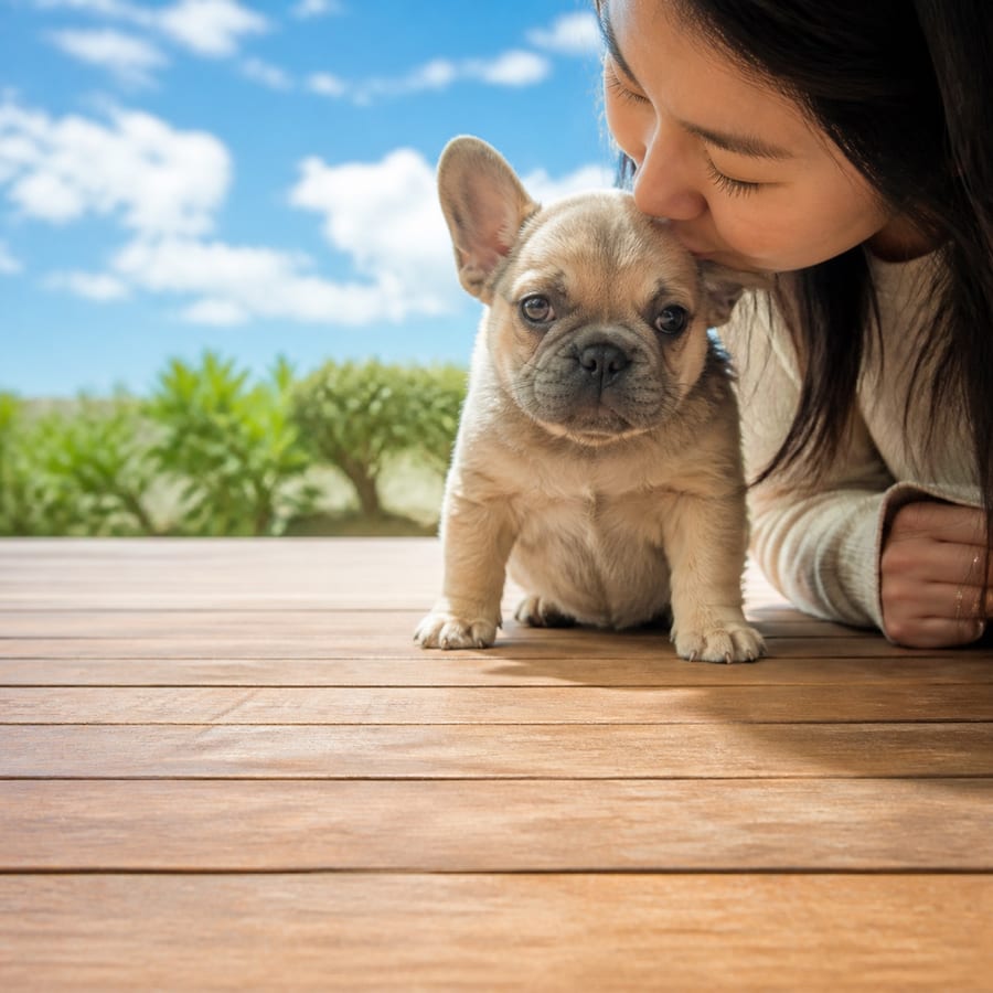Fluffy French Bulldog puppy standing on grass, a person kissing the top of its head, at Blue Sky Puppies
