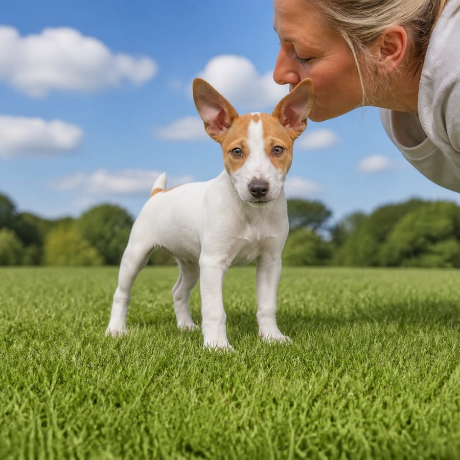 Foxy Rat Terrier puppy standing on grass, a person kissing the top of its head, at Blue Sky Puppies