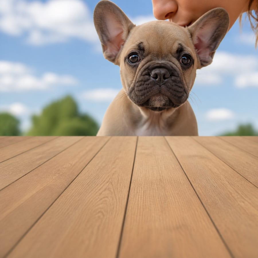 French Bulldog puppy standing on grass, a person kissing the top of its head, at Blue Sky Puppies