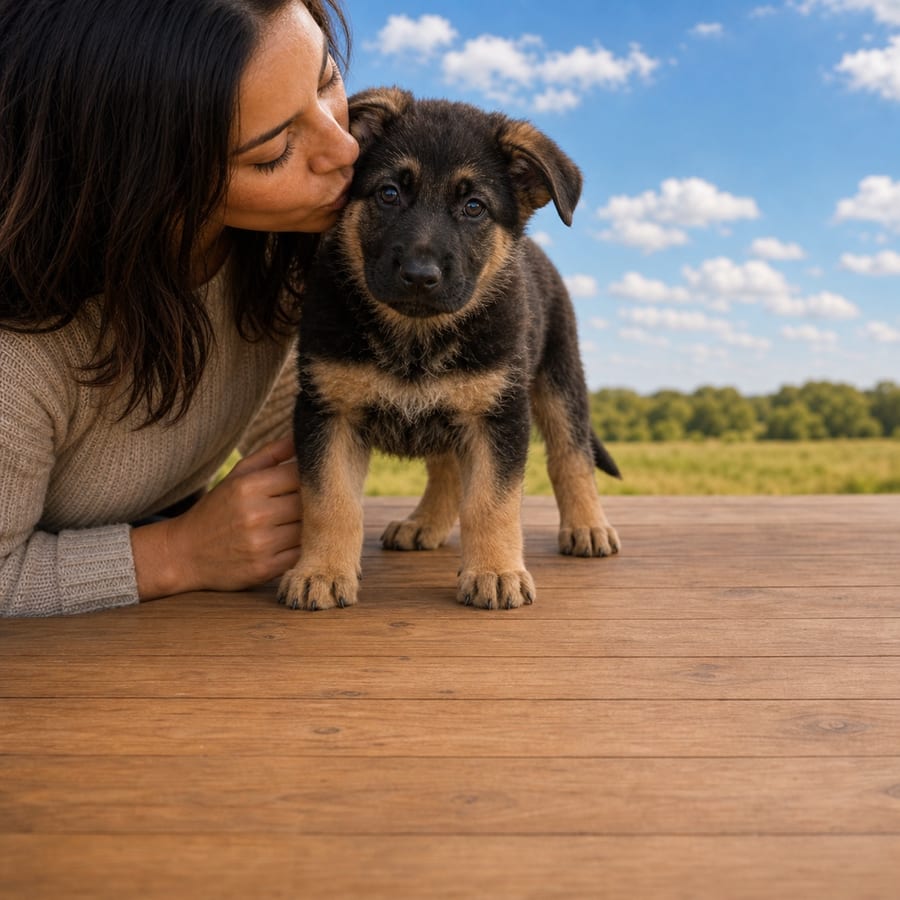 Black and tan German Shepherd puppy with floppy ears standing on wooden decking, a person kissing its head, at Blue Sky Puppies