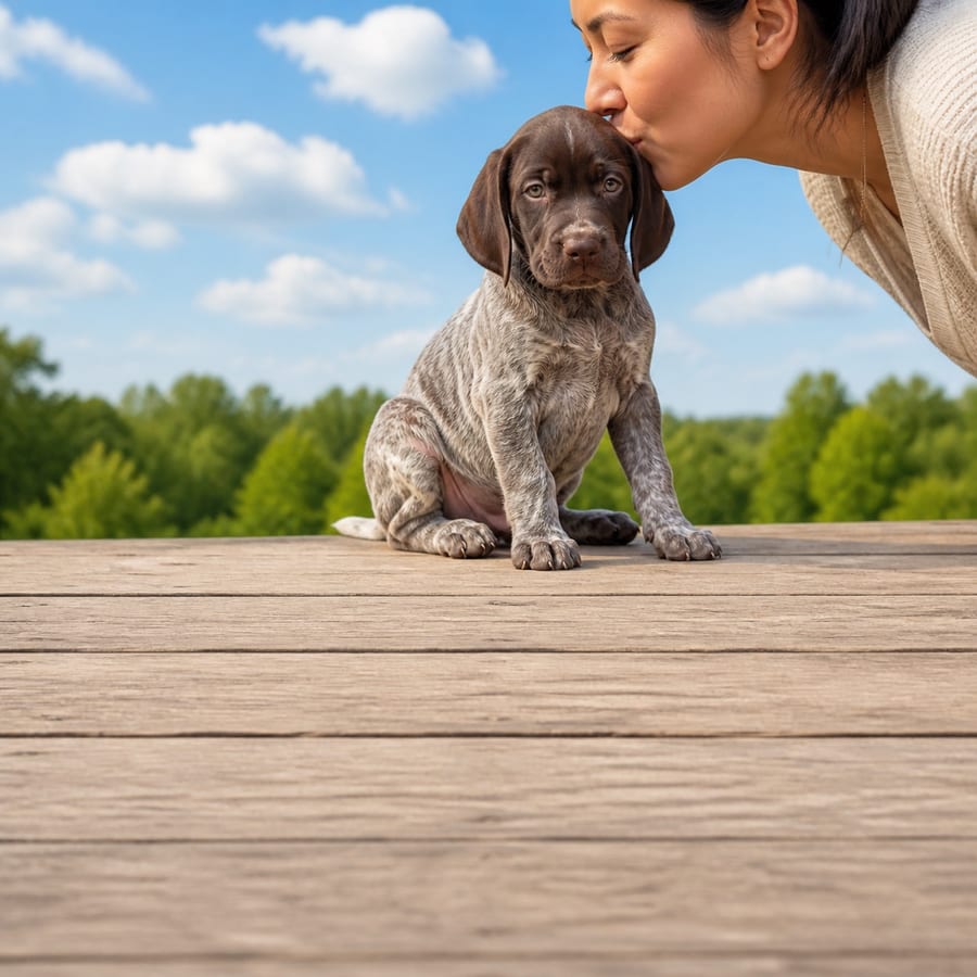 German Shorthaired Pointer puppy standing on grass, a person kissing the top of its head, at Blue Sky Puppies