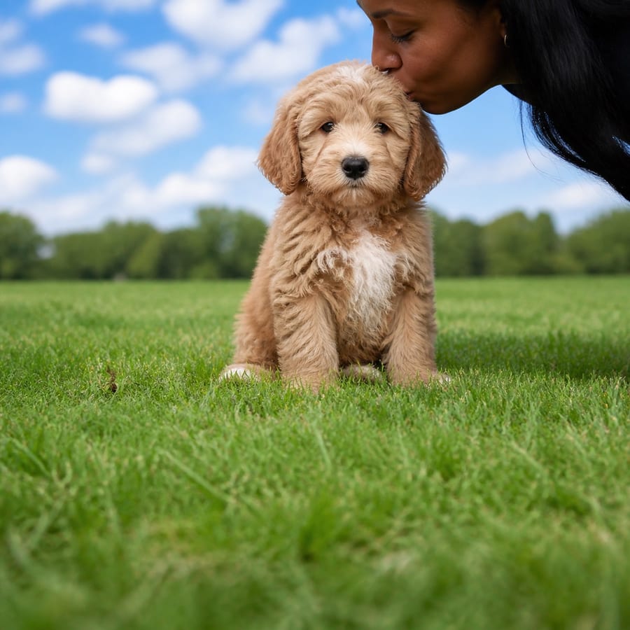 Golden Mountain Doodle puppy standing on grass, a person kissing the top of its head, at Blue Sky Puppies