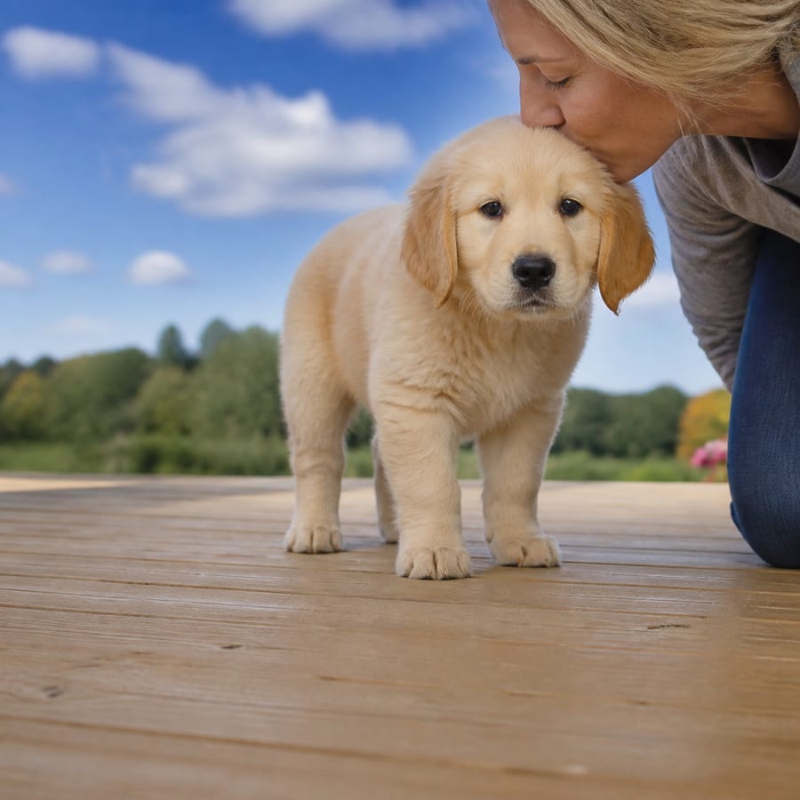 Golden Pyrenees puppy standing on grass, a person kissing the top of its head, at Blue Sky Puppies