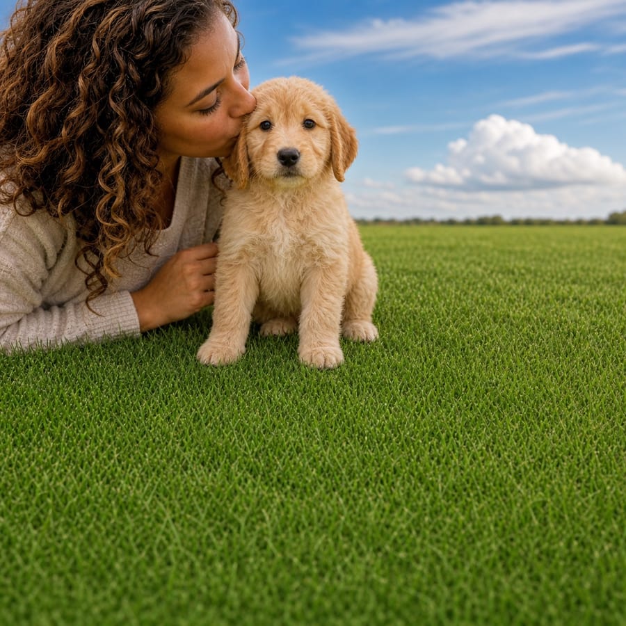 Fluffy apricot Goldendoodle puppy sitting on bright green grass beside a person kissing its head, at Blue Sky Puppies