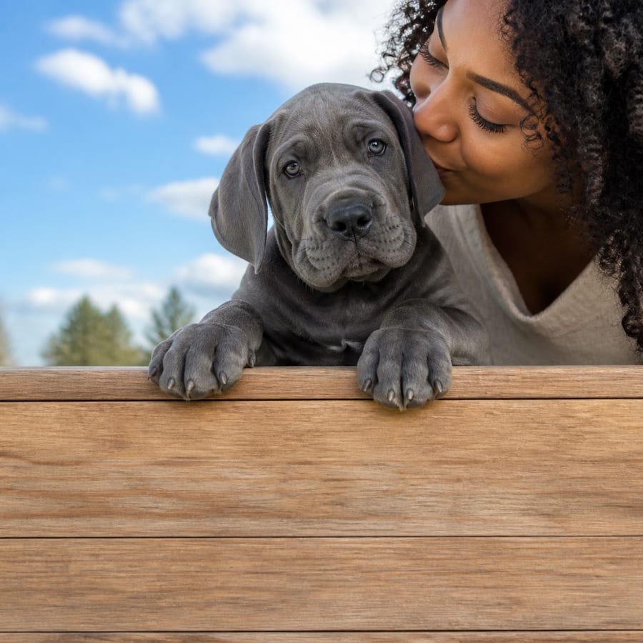 Great Dane puppy standing on grass, a person kissing the top of its head, at Blue Sky Puppies