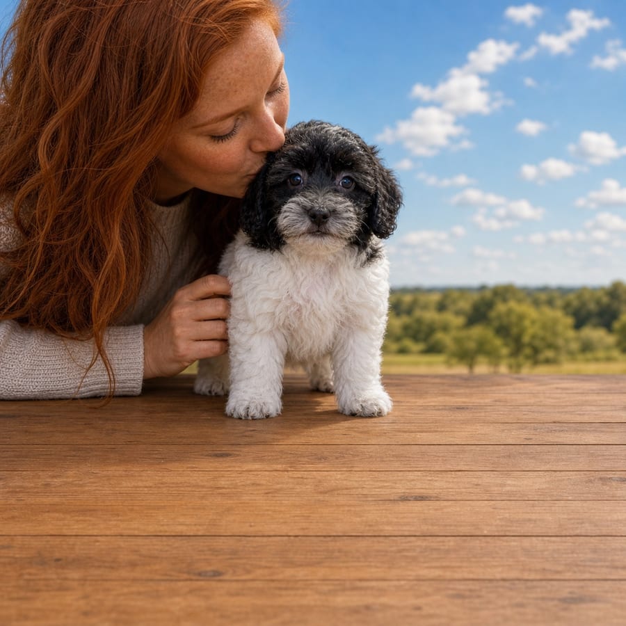 Black and white curly-coated Havachon puppy sitting on a wooden deck at Blue Sky Puppies