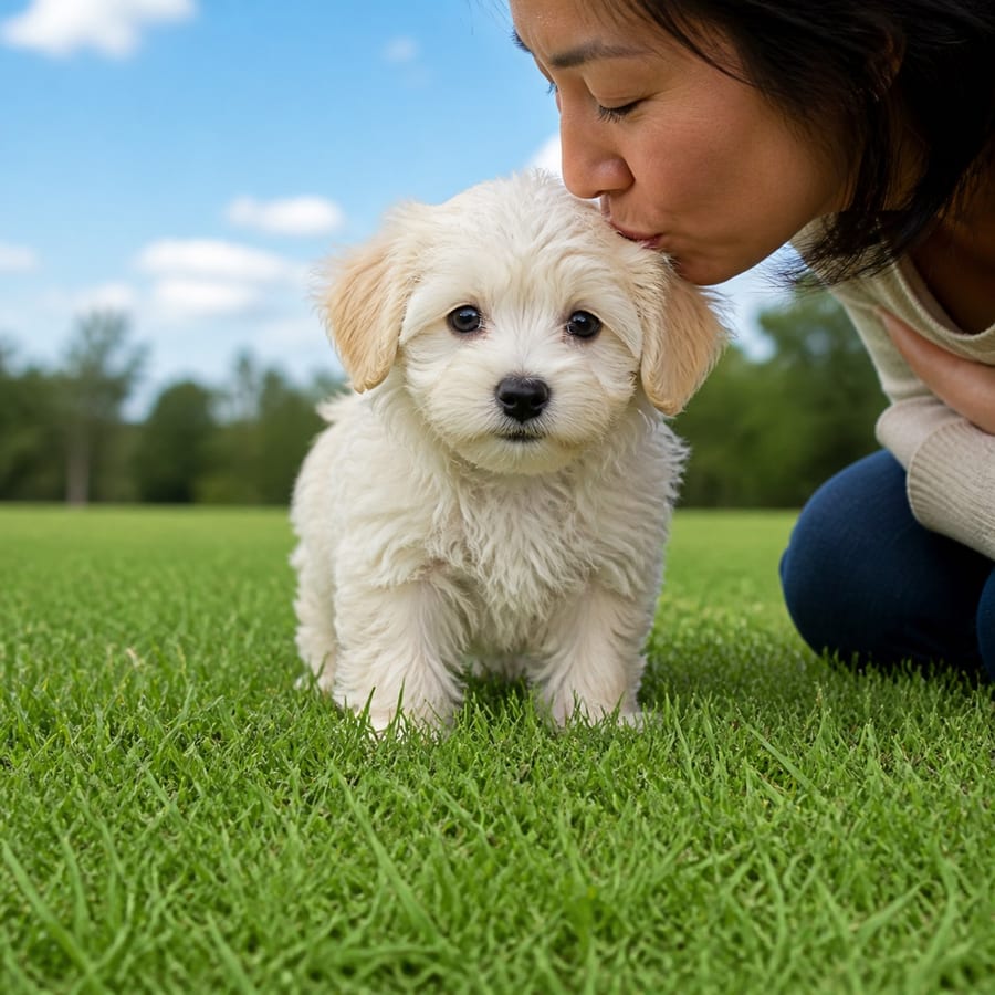 Havamalt puppy standing on grass, a person kissing the top of its head, at Blue Sky Puppies