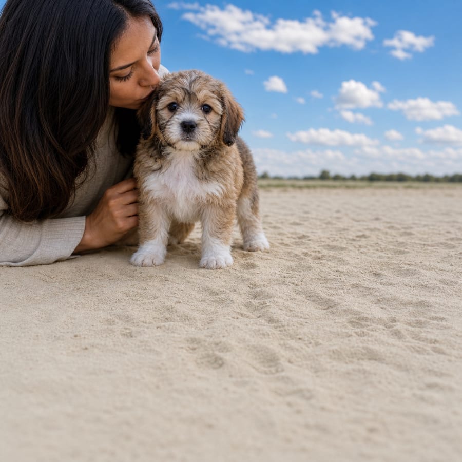 Tan and white shaggy-coated Havanese puppy standing on pale sand, a person kissing its head, at Blue Sky Puppies