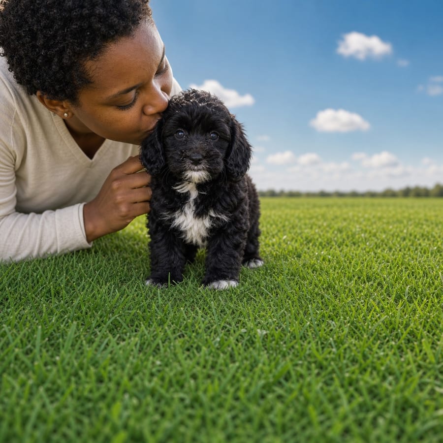 Black curly Havapoo puppy with a white chest blaze standing in green grass, a person kissing its head, at Blue Sky Puppies