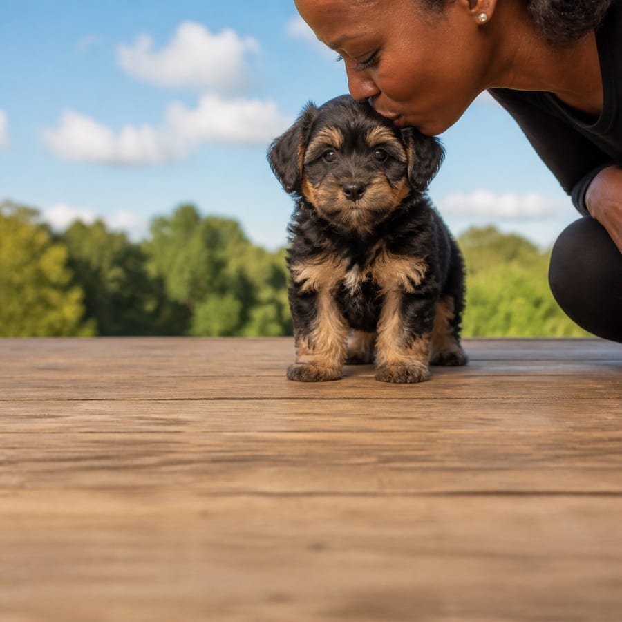 Havashire puppy standing on grass, a person kissing the top of its head, at Blue Sky Puppies