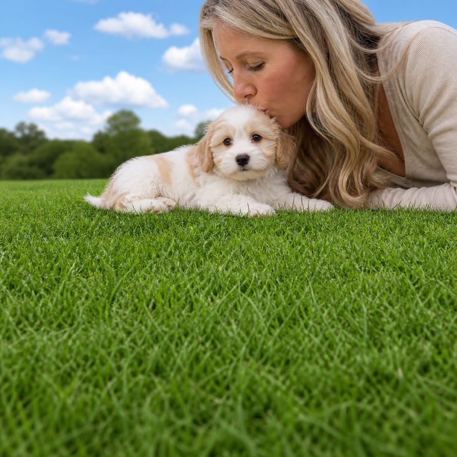 Havashu puppy standing on grass, a person kissing the top of its head, at Blue Sky Puppies