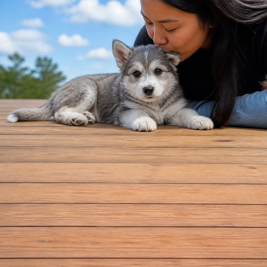 Huskipoo puppy standing on grass, a person kissing the top of its head, at Blue Sky Puppies