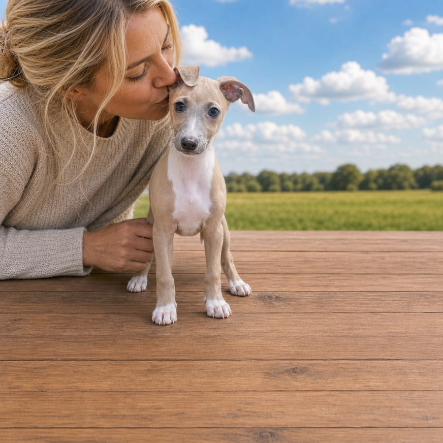 Fawn and white Italian Greyhound puppy on a sunlit wooden deck beside a person kissing its head, at Blue Sky Puppies