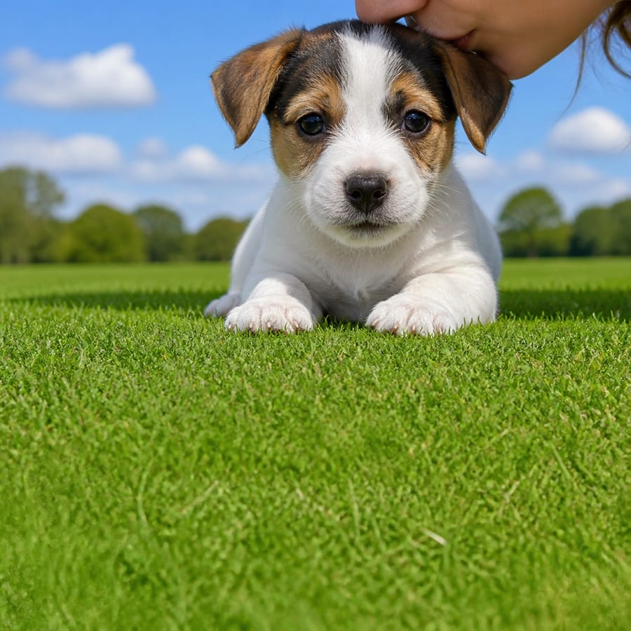 Jack Russell Terrier puppy standing on grass, a person kissing the top of its head, at Blue Sky Puppies