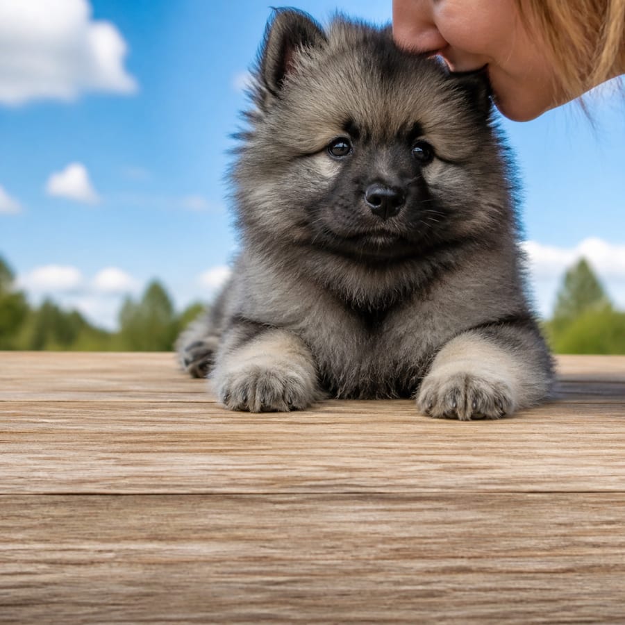 Keeshond puppy standing on grass, a person kissing the top of its head, at Blue Sky Puppies