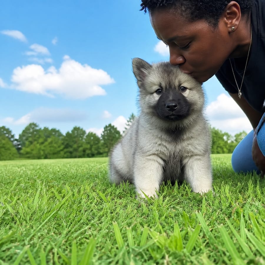 KeeshondKlee puppy standing on grass, a person kissing the top of its head, at Blue Sky Puppies