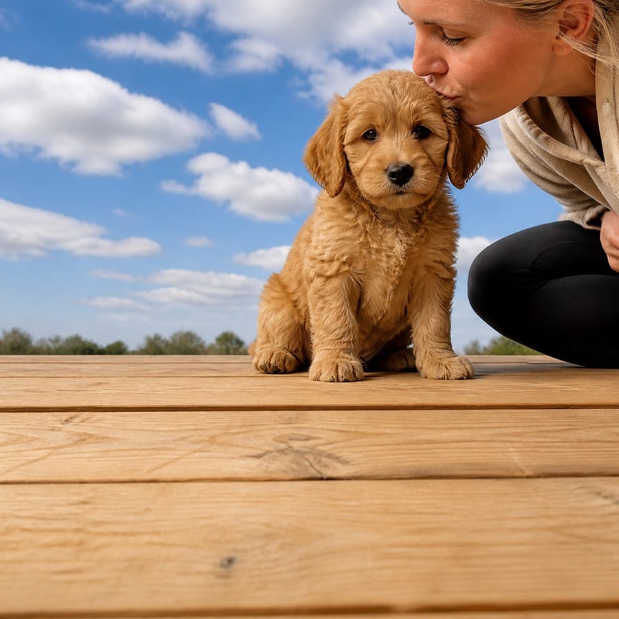 Labradoodle puppy standing on grass, a person kissing the top of its head, at Blue Sky Puppies