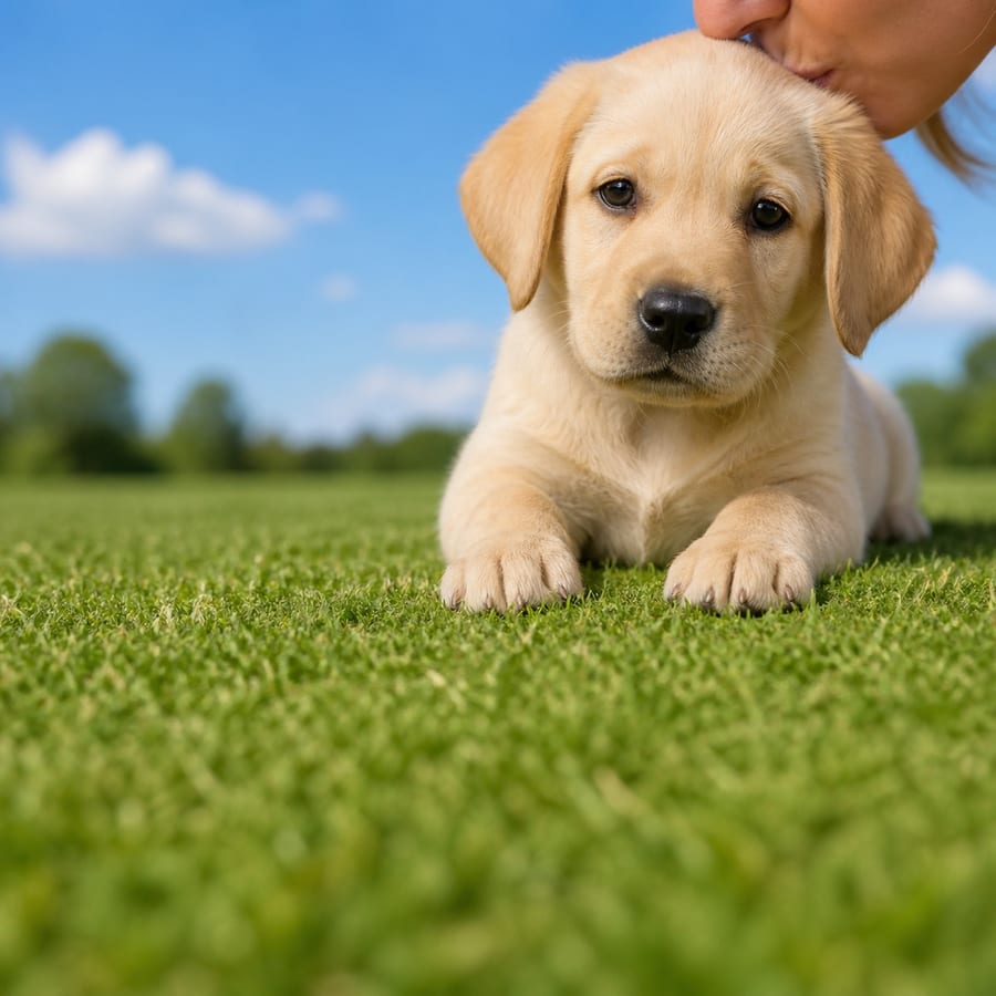 Labrador Retriever puppy standing on grass, a person kissing the top of its head, at Blue Sky Puppies