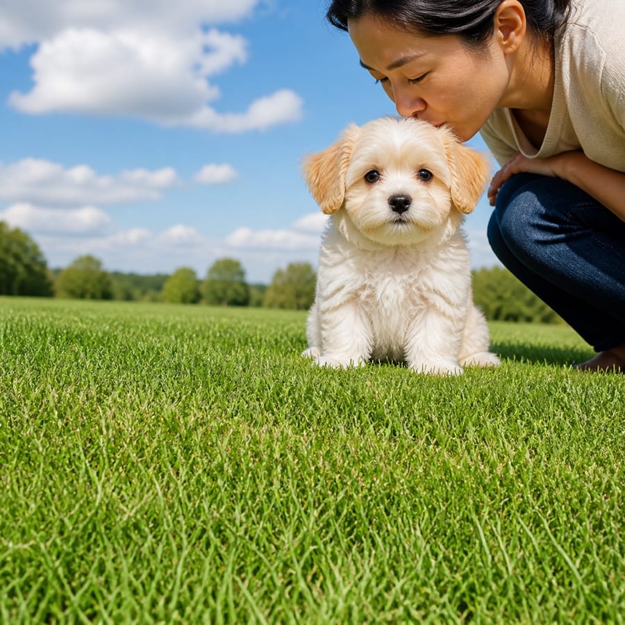 Lachon puppy standing on grass, a person kissing the top of its head, at Blue Sky Puppies