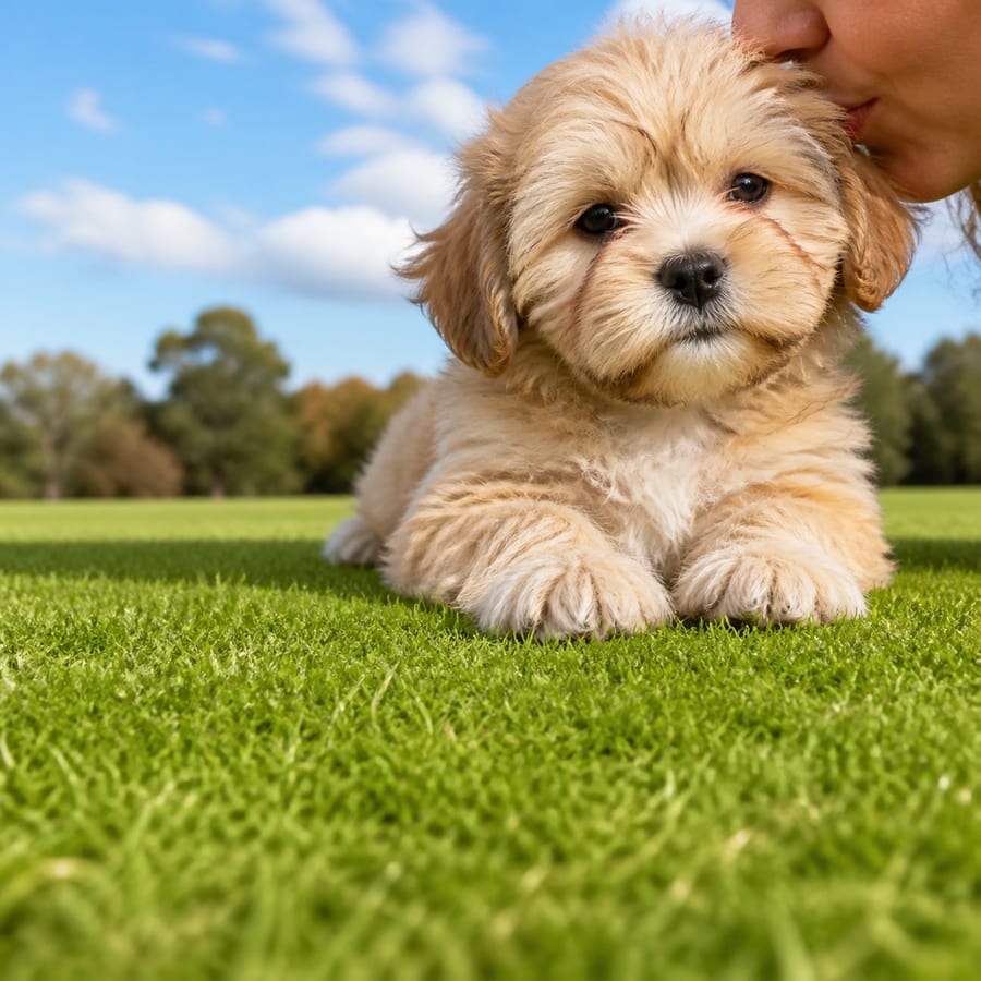 Lhasa Apso puppy standing on grass, a person kissing the top of its head, at Blue Sky Puppies