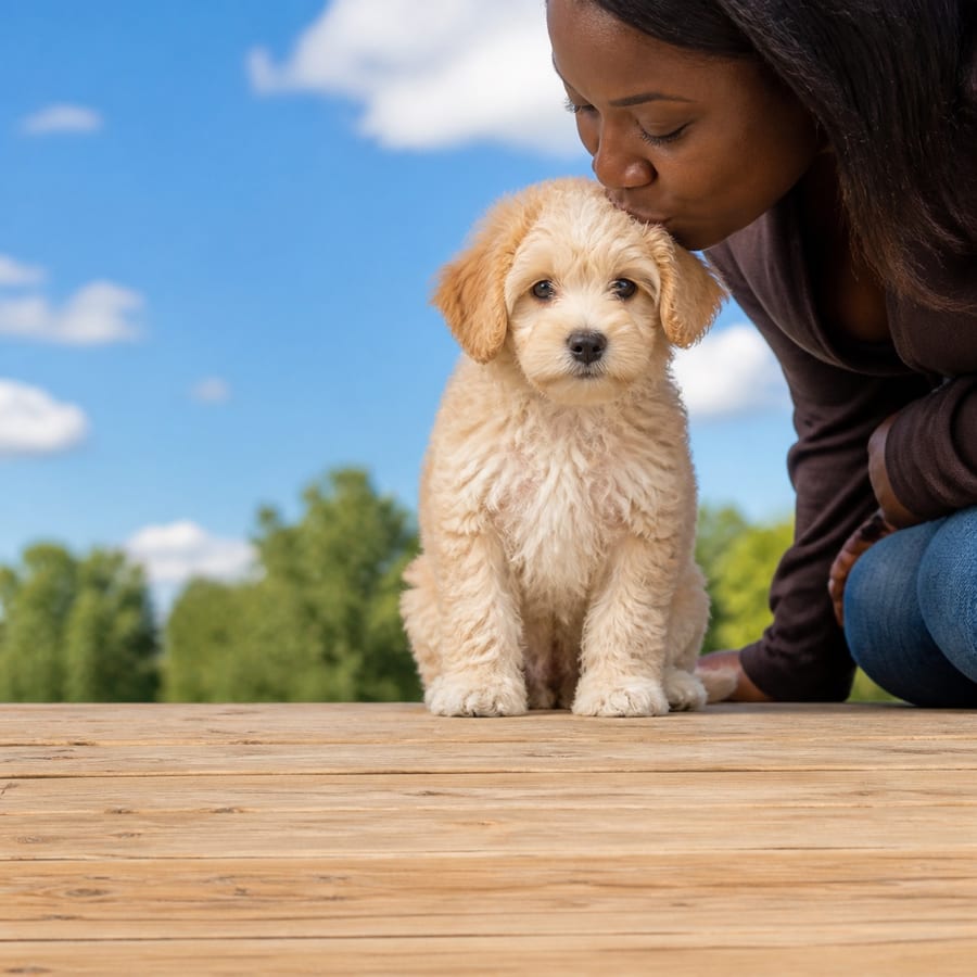Lhasa Poo puppy standing on grass, a person kissing the top of its head, at Blue Sky Puppies