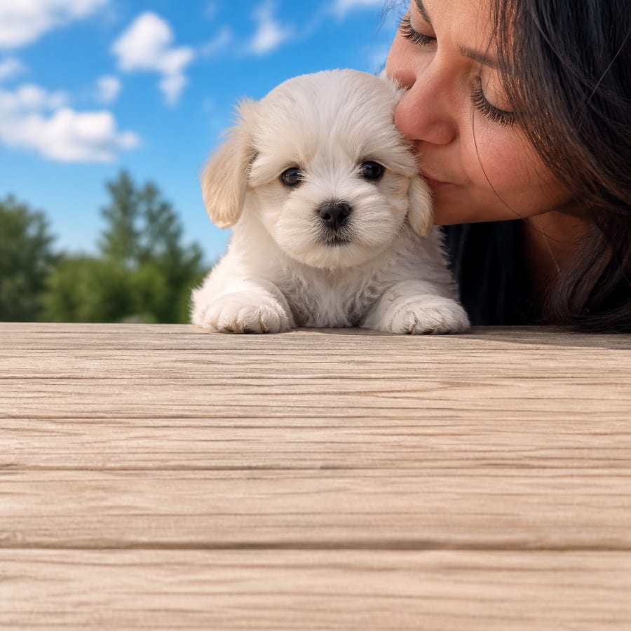 Maltese puppy standing on grass, a person kissing the top of its head, at Blue Sky Puppies