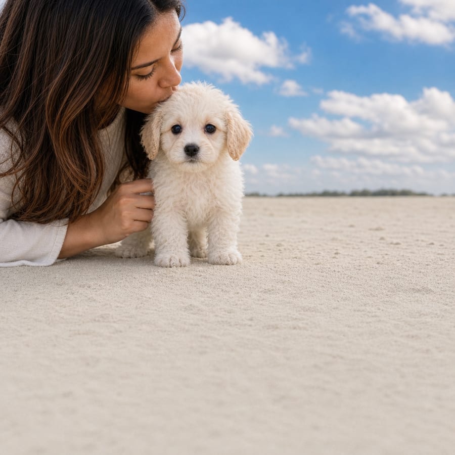 Cream-white curly Maltichon puppy standing on pale sand at Blue Sky Puppies