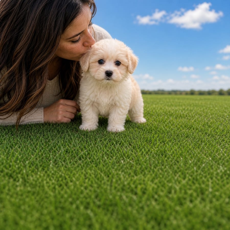 Cream-coated fluffy Maltipom puppy sitting in green grass at Blue Sky Puppies