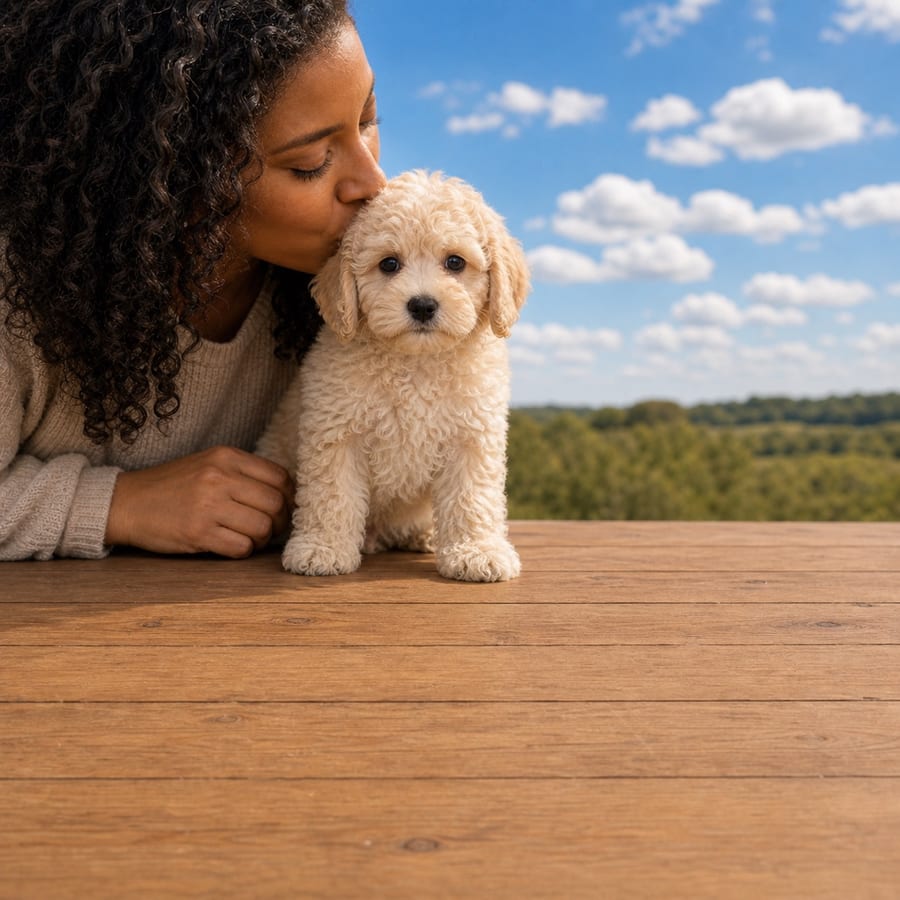 Cream curly Maltipoo puppy standing on a wooden deck, a person kissing its head, treetops behind, at Blue Sky Puppies