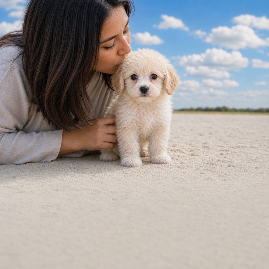 Cream soft-coated Maltishi puppy standing on pale sand beside a person kissing its head, at Blue Sky Puppies