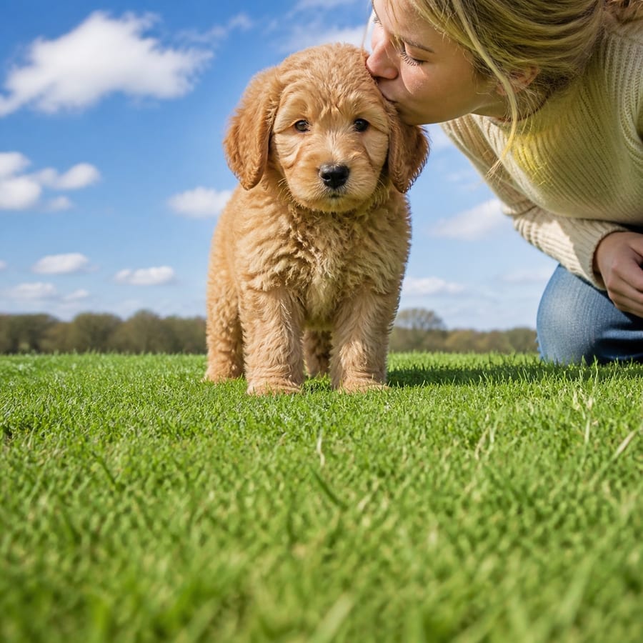 Micro Goldendoodle puppy standing on grass, a person kissing the top of its head, at Blue Sky Puppies