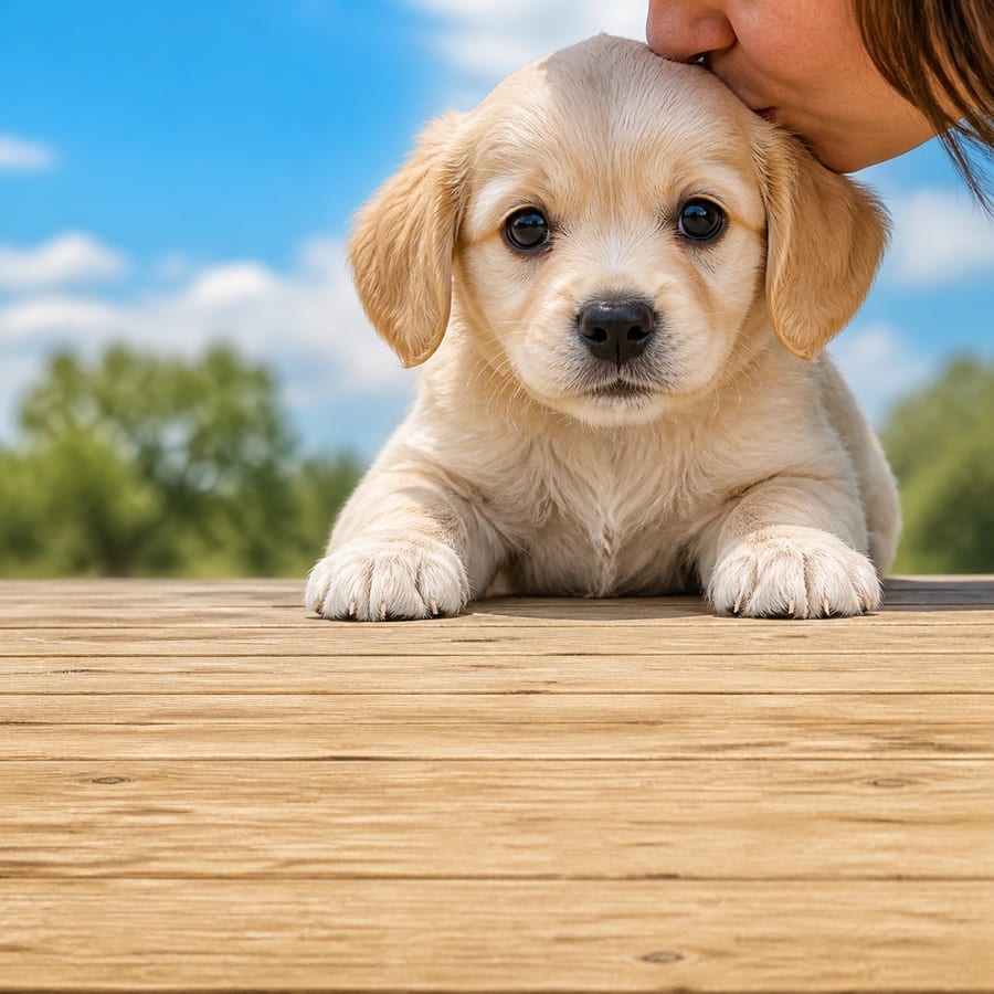 Milky puppy standing on grass, a person kissing the top of its head, at Blue Sky Puppies