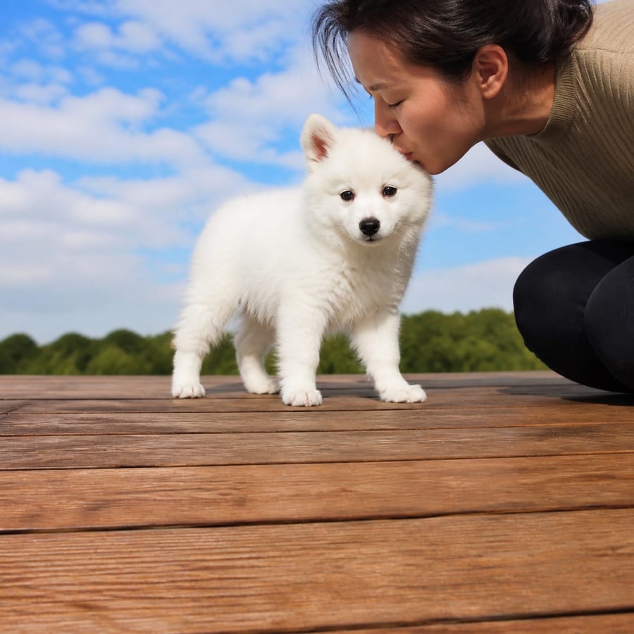 Mini American Eskimo puppy standing on grass, a person kissing the top of its head, at Blue Sky Puppies