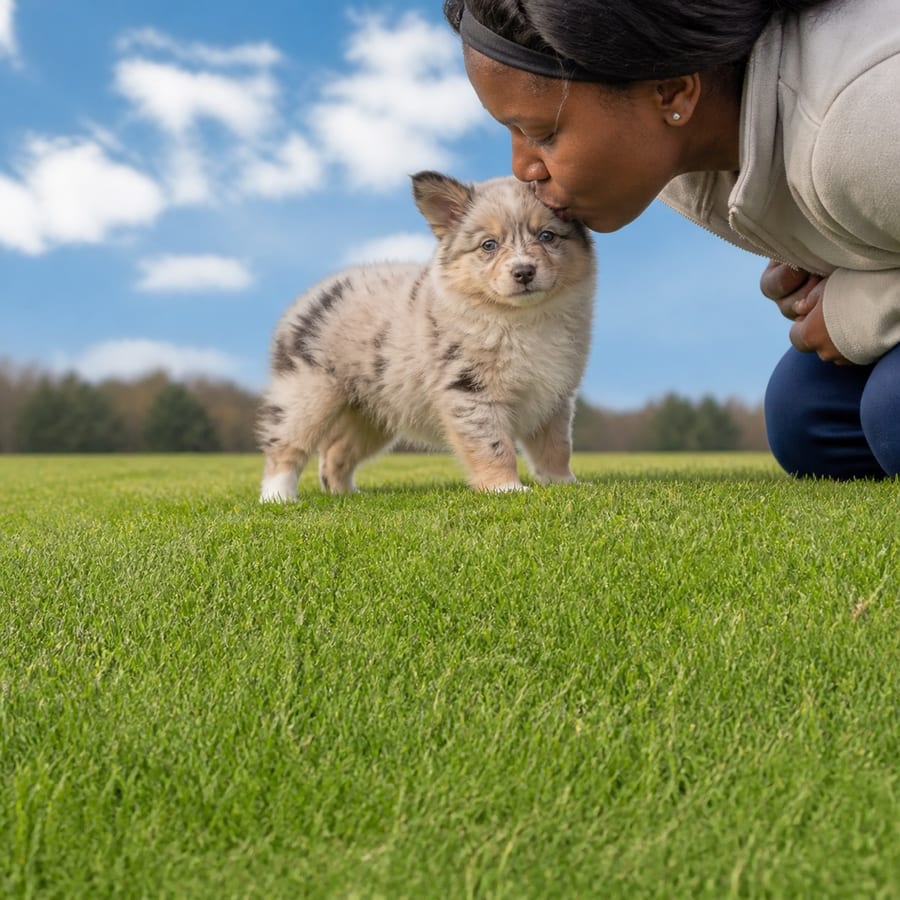 Mini Aussie Pom puppy standing on grass, a person kissing the top of its head, at Blue Sky Puppies