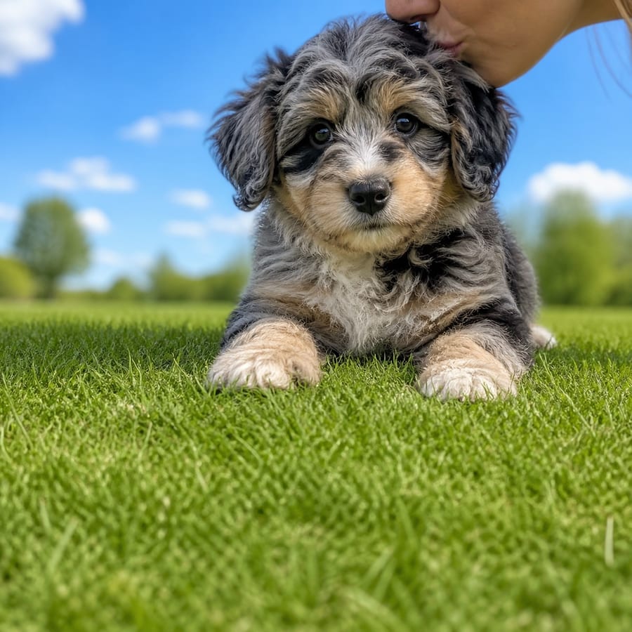 Mini Aussiepoo puppy standing on grass, a person kissing the top of its head, at Blue Sky Puppies