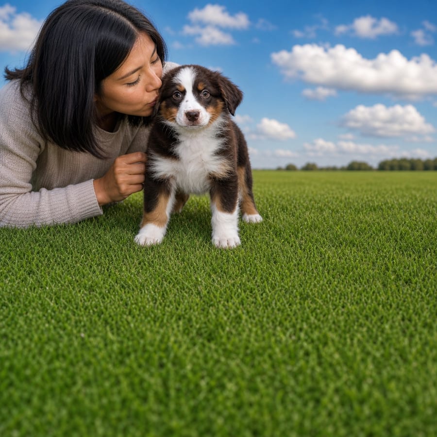 Brown and white Mini Australian Shepherd puppy standing in lush grass, a person kissing its head, at Blue Sky Puppies