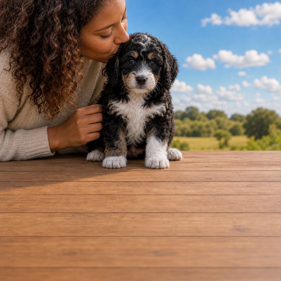 Tricolor curly Mini Bernedoodle puppy sitting on a wooden deck at Blue Sky Puppies