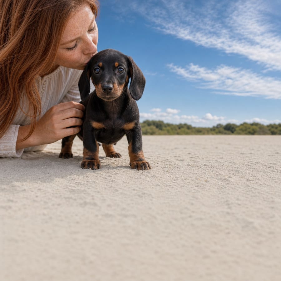 Black and tan Mini Dachshund puppy standing on sunlit pale sand, a person kissing its head, at Blue Sky Puppies