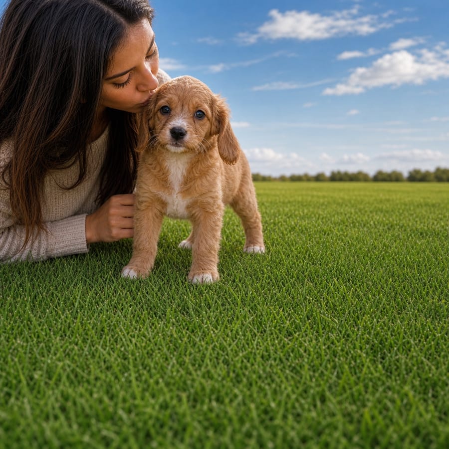 Golden apricot Mini Goldendoodle puppy standing in lush green grass beside a person kissing its head, at Blue Sky Puppies