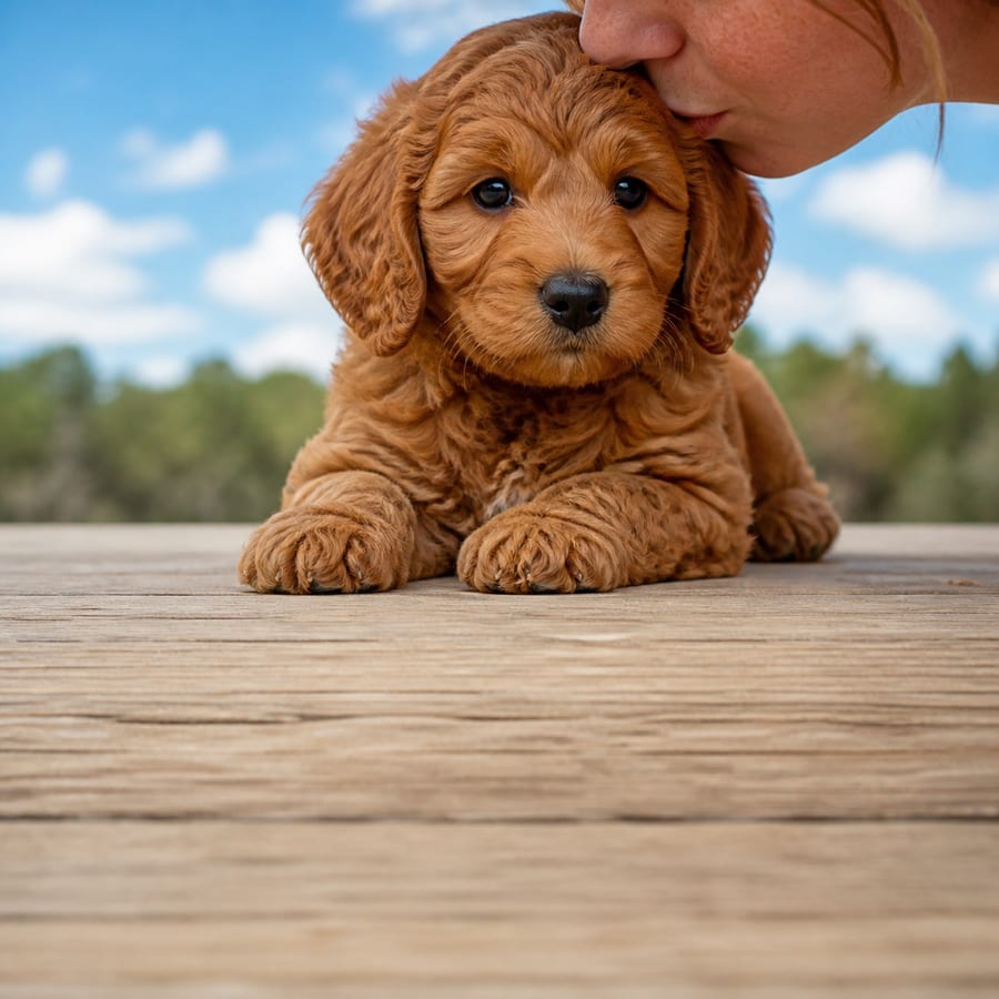 Mini Irishdoodle puppy standing on grass, a person kissing the top of its head, at Blue Sky Puppies