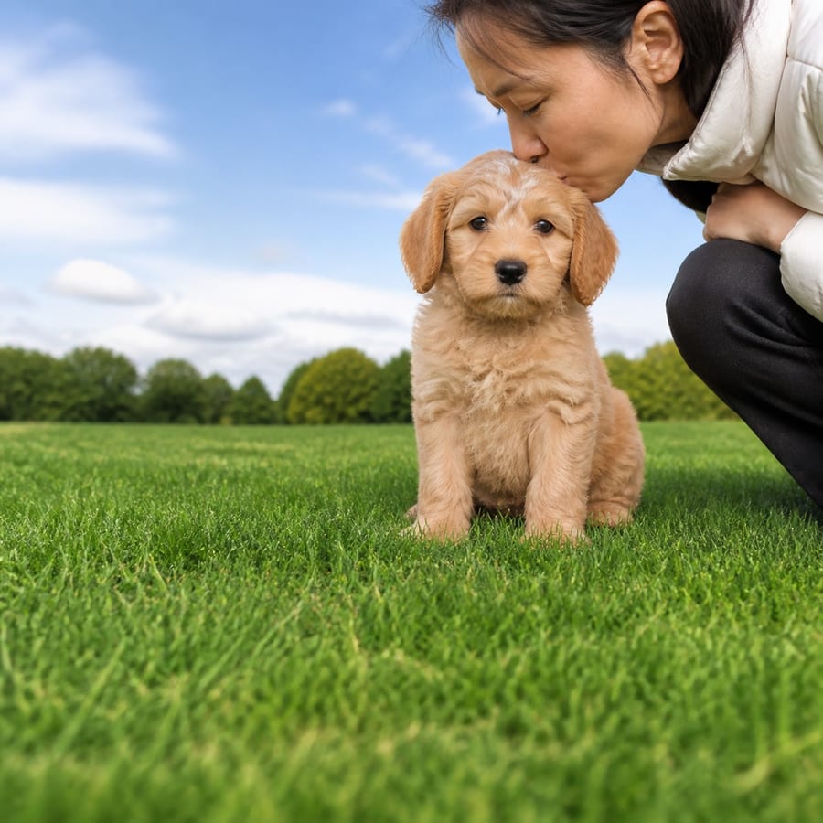Mini Labradoodle puppy standing on grass, a person kissing the top of its head, at Blue Sky Puppies