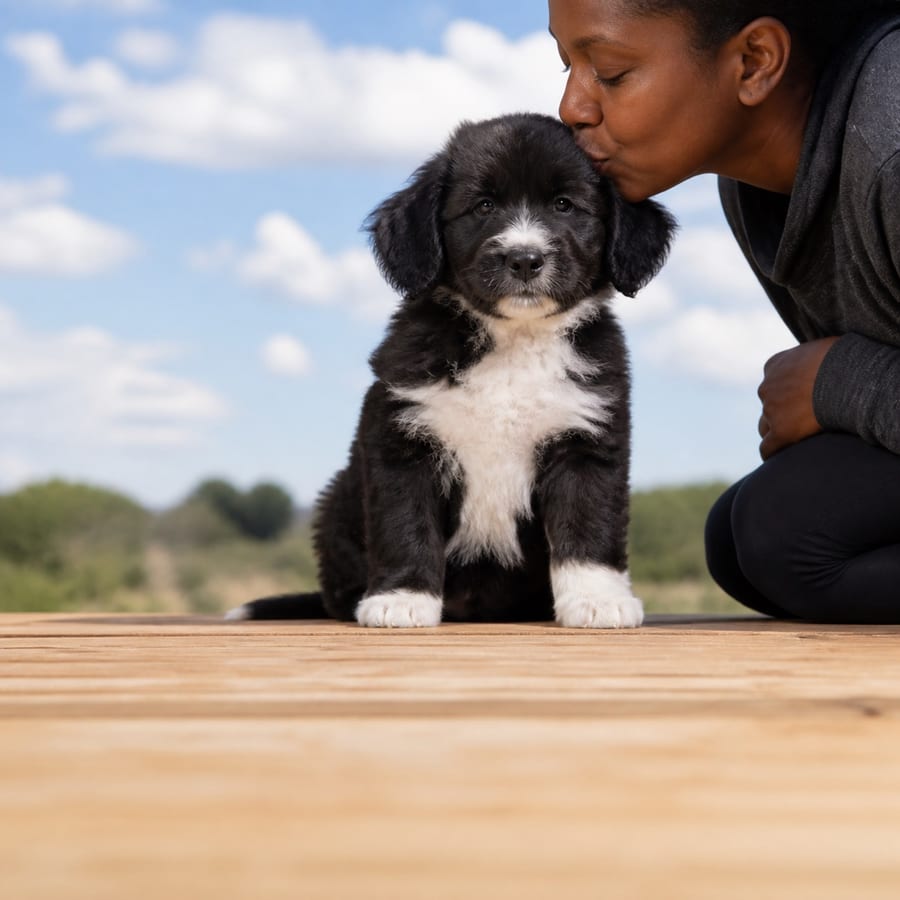 Newfypoo puppy standing on grass, a person kissing the top of its head, at Blue Sky Puppies