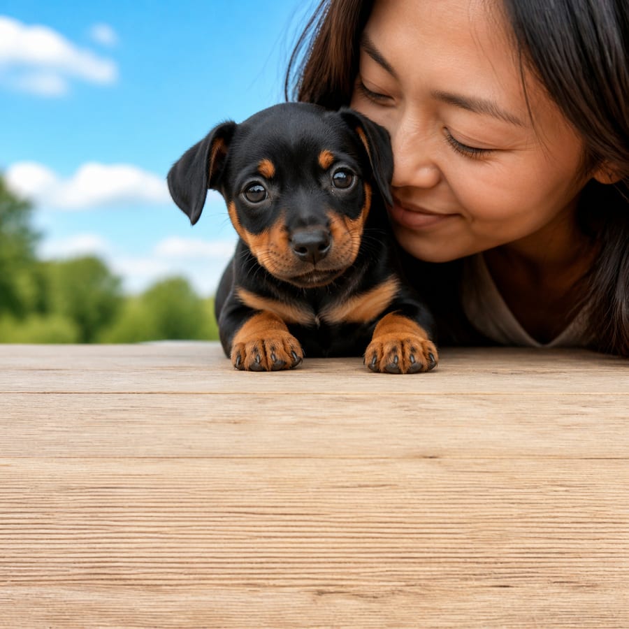 Mini Pinscher puppy standing on grass, a person kissing the top of its head, at Blue Sky Puppies