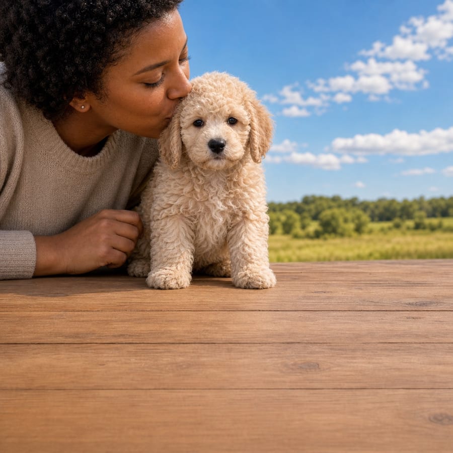 Cream curly-coated Mini Poodle puppy standing on a wooden deck, a person kissing its head, at Blue Sky Puppies