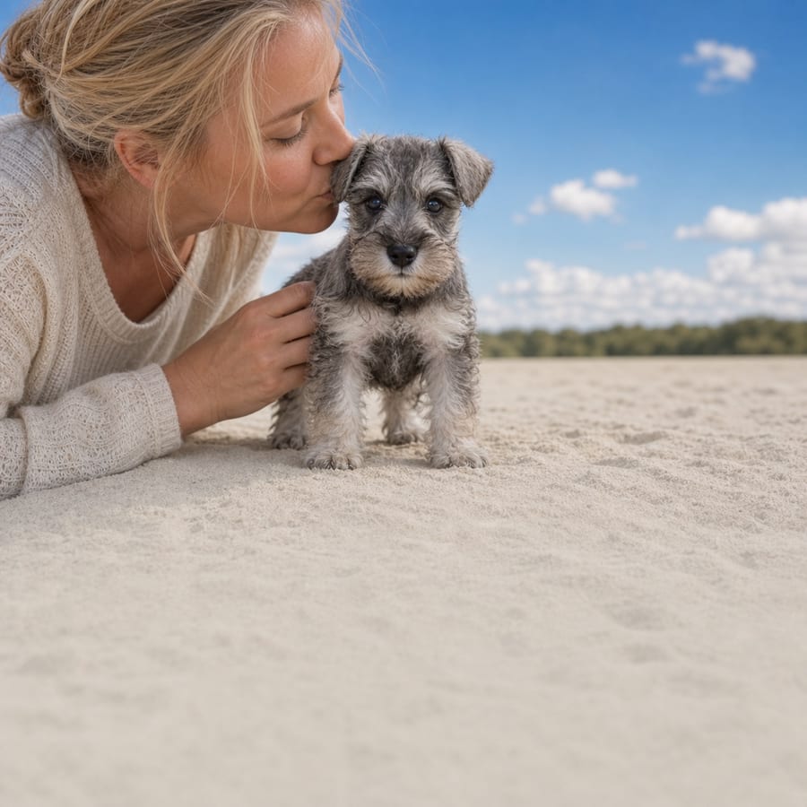 Grey salt-and-pepper Mini Schnauzer puppy with a bearded muzzle on pale sand, a person kissing its head, at Blue Sky Puppies