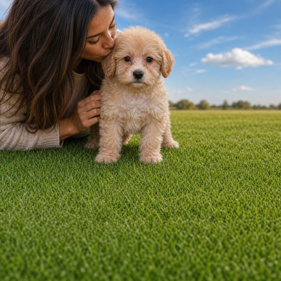 Apricot curly-coated Mini Schnoodle puppy sitting in green grass at Blue Sky Puppies