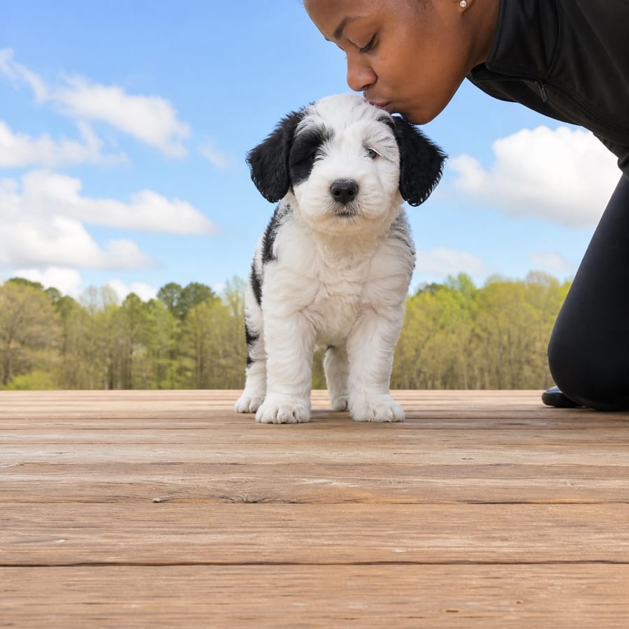 Mini Sheepadoodle puppy standing on grass, a person kissing the top of its head, at Blue Sky Puppies